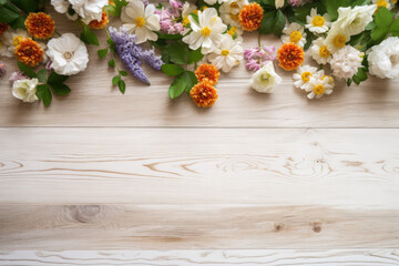 A Gorgeous Array of Spring Flowers Enhance the Rustic Elegance of a Wooden Table