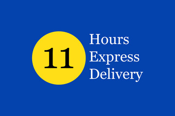 Express delivery text on navy blue background. Fast shipping icon template with 11 hours number in yellow circle. For logo, sticker and label. Express delivery shipping. Fast delivery concept, vector
