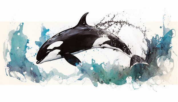 Killer whale orca jumping out of water, isolated on white background - watercolor style illustration background by Generative Ai