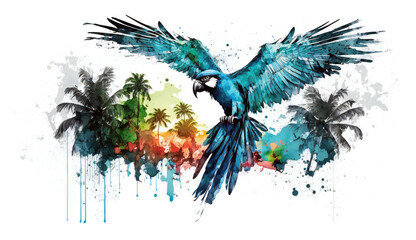 Macaw flying over tropical island isolated on white background - watercolor style illustration background by Generative Ai