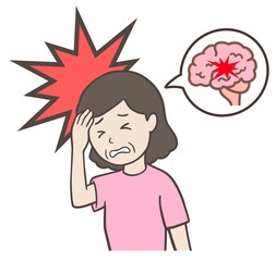 脳卒中、脳梗塞、脳出血で苦悶の表情をしている中年女性、おばさん