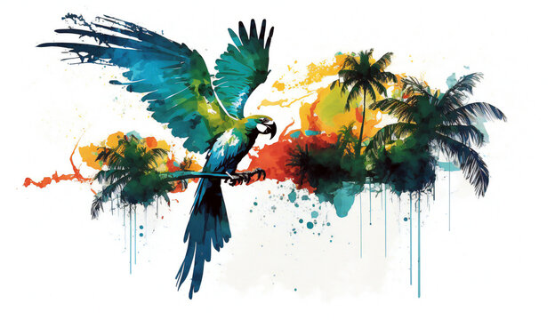 Macaw flying over tropical island isolated on white background - watercolor style illustration background by Generative Ai