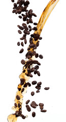 Coffee drink water mix bean seed fall pouring down form line of espresso black coffee splashes drop roasted coffee bean attack fluttering in air, stop motion freeze. Splash water drink seed texture