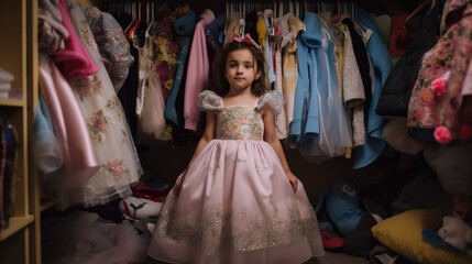 a little girl dressed as a princess in front of her wardrobe full of princess dresses, generative ai illustration