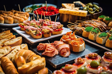 Fototapeta premium Pinchos and tapas typical of the Basque Country, Spain. Selection of different types of foods to choose from. San Sebastian