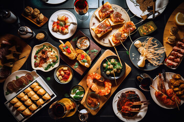 Pinchos and tapas typical of the Basque Country, Spain. Selection of different types of foods to...