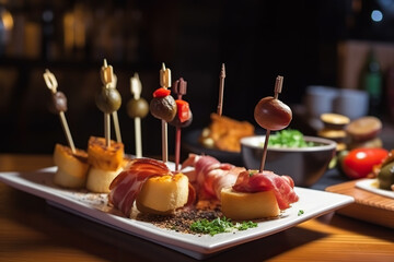 Fototapeta premium Close-up of a typical basque pincho or tapa made of salmon and crayfish in a bar of Vitoria, Basque Country, Spain