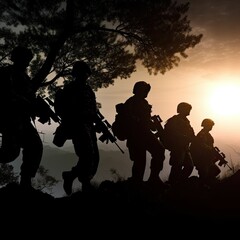 Five soldiers walking in a temperate or tropical region that are silhouetted by the sun in the hazy sky - generative ai
