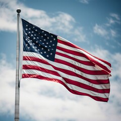 Fototapeta premium An American flag on a flagpole waving in the blue sky - generative ai