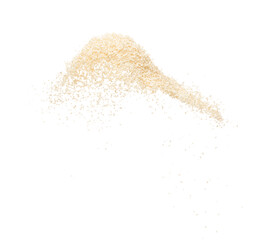 White Sesame seeds flying explosion, White grain wave floating. Abstract cloud fly splash in air. Sesame seed is material food. White background Isolated high speed shutter, freeze stop motion