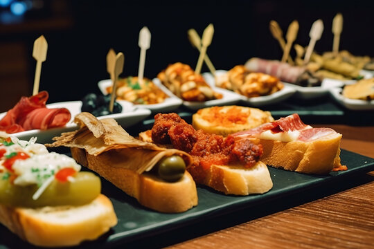 ypical snack of Basque Country, pinchos or pinxtos skewers with small pieces of bread, sea food, eggs, cheese, jamon served in bar in San-Sebastian or Bilbao, Spain