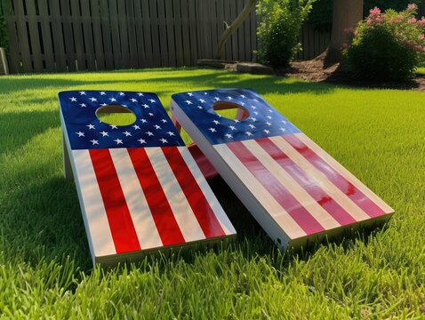 Cornhole boards painted in the style of an american flag pattern in a backyard - generative ai