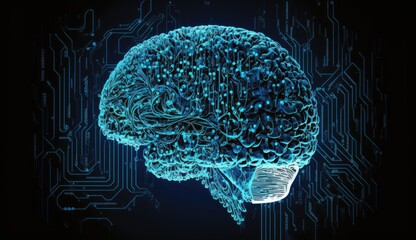 Artificial Intelligence Technology Brain on Blue Background - Generative AI