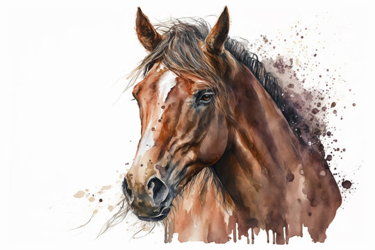 Generative AI. Horse head. Portrait of a brown horse. Watercolor illustration.