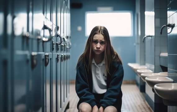 Bullied and depressed girl with a very sad face and a lost look dressed in school uniform sitting on the floor of the high school bathroom, generative ai image with blur background.