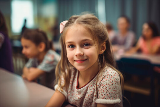 Adorable little girl in colorful dress looking at camera while sitting at desk in classroom with classmates during school lesson, generative ai image.