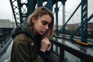 Fototapeta premium Suicidal and depressed young female very sad looking away and crying while sitting on metal bridge in city district, generative ai image with copy space right.