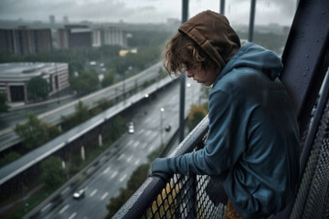Suicidal and sad teen boy in casual warm clothes standing on metal bridge near railing and looking down in city district, generative ai image with copy space left.