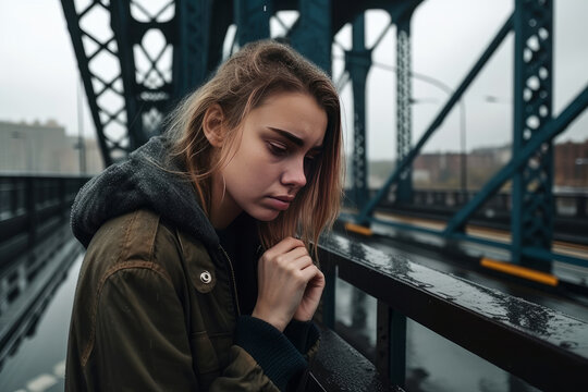 Suicidal and depressed young female very sad looking away and crying while sitting on metal bridge in city district, generative ai image with copy space right.