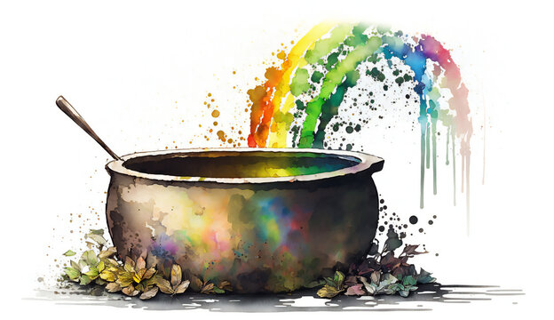 The Pot Of Gold At The End Of The Rainbow Isolated On White Background - Watercolor Style Illustration Background By Generative Ai