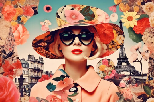 Fashion woman with sunglasses and colorful spring flowers. 60s retro collage. Generative AI