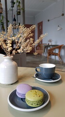 French dessert sweets, colored macaroons arranged on a saucer with a cup on the table, vintage look in pastel colors