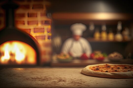 Empty Product Display Table with Blurred Pizzeria Background (Generative AI)