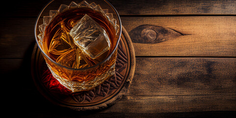 Top down shot of a glass of whiskey - obrazy, fototapety, plakaty