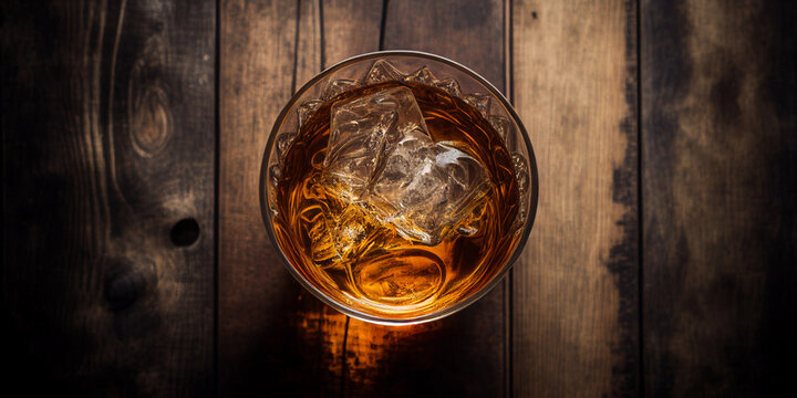 Top down shot of a glass of whiskey
