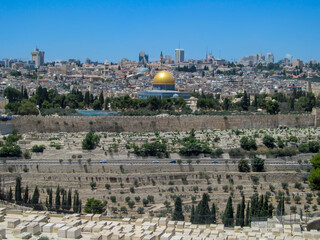 Panoramic view to Jerusalem Old city from Mount of Olives Jewish Cemetery. It's the most ancient...