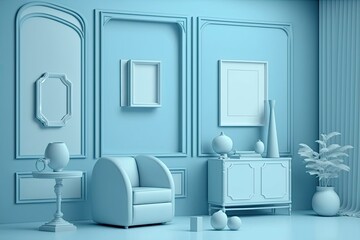 Room interior in plain monochrome light blue color. Generative AI