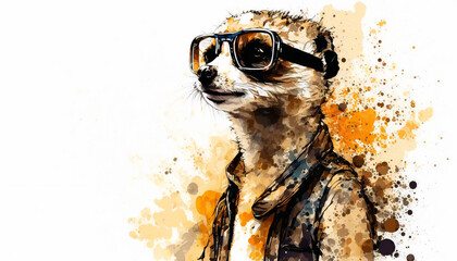 Standing meerkat with sunglasses isolated on white background - watercolor style illustration background by Generative Ai
