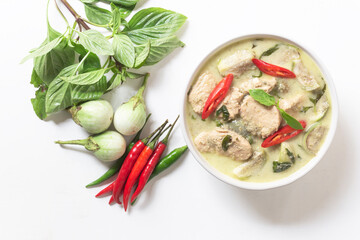 Chicken curry is the original food culture of Thailand in bowl on white wood background