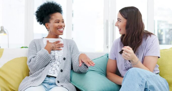 Friends, women and wedding ring on sofa laughing in living room of home, talk and discussion. Excited, engagement surprise and funny smile of happy girls showing off jewelry for engaged announcement.
