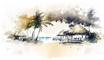 Tropical Island Resort - watercolor style illustration background by Generative Ai