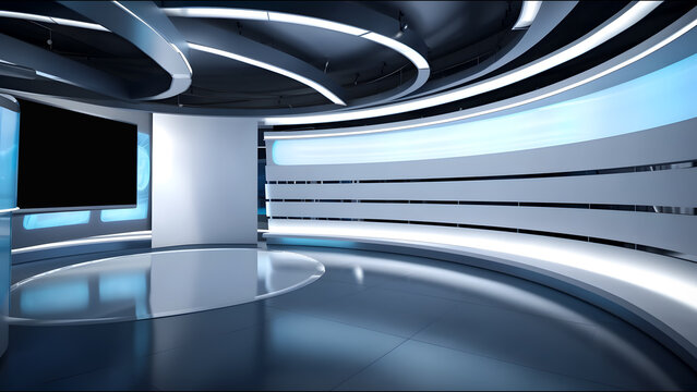 Tv Studio. News studio. News room. Background for newscast. 3D rendering. Backdrop for video or photo production. Generative AI technology.
