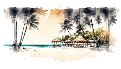 Tropical Island Resort - watercolor style illustration background by Generative Ai