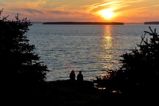 A silhouette of a young girl and boy sitting at a lookout.  In the background, there's a bright orange sunset with clouds, an island, and the blue ocean. The young couple is framed by tall trees.