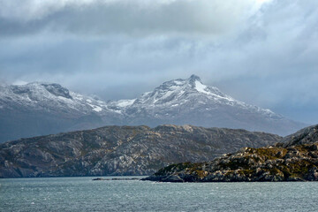 Mountain glaciers on the coastline of the Straits of Magellan in southern Chile