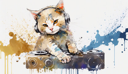 Cute cat with headphones - watercolor style illustration background by Generative Ai