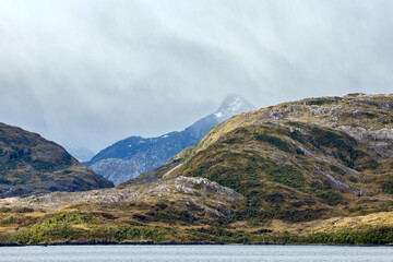 View of the mountainous coastline in the Straits of Magellan in southern Chile