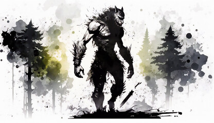 Werewolf in forest - watercolor style illustration background by Generative Ai
