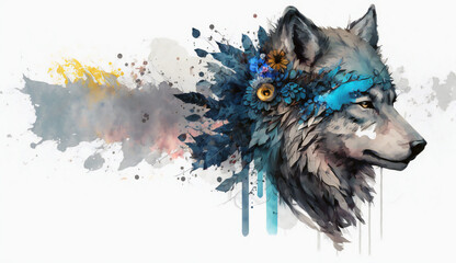 Fototapeta premium White Flower Wolf - watercolor style illustration background by Generative Ai 
