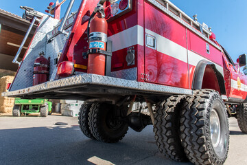 Rear of heavy duty fire truck has large dually tires that easily carry the heavy load of rescue...