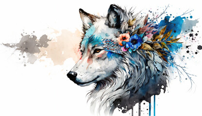 White Flower Wolf - watercolor style illustration background by Generative Ai
