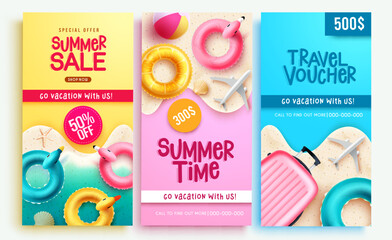 Summer sale vector poster set. Summer time, sale and travel voucher certificate holiday collection. Vector illustration summer poster layout.

