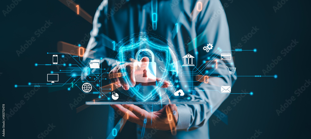 Leinwandbilder Cybersecurity and privacy concepts to protect data. Lock icon and internet network security technology. Businessman protecting personal data on smartphone, virtual screen interfaces. cyber security.