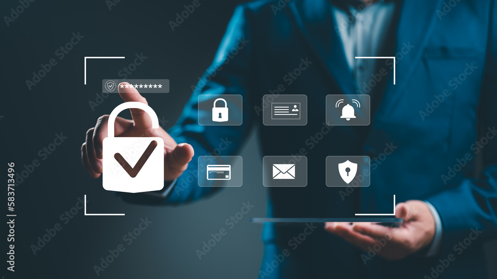 Poster Cybersecurity privacy of data protection, businessman using tablet Secure encryption technology, security Internet access, security encryption of user private data, business confidentiality.