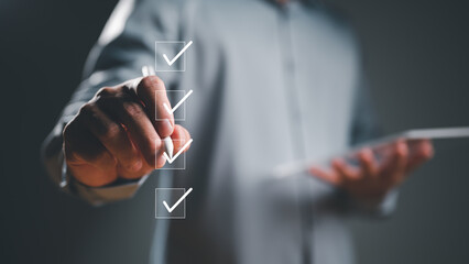 Businessman tick correct sign mark for document approve, project acceptance and quality assurance...
