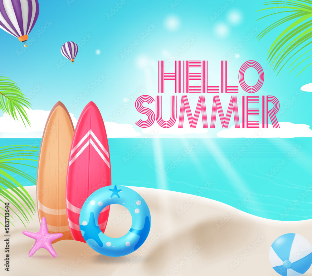 Fototapete hello summer vector design. hello summer greeting text in relaxing beach background. vector illustra